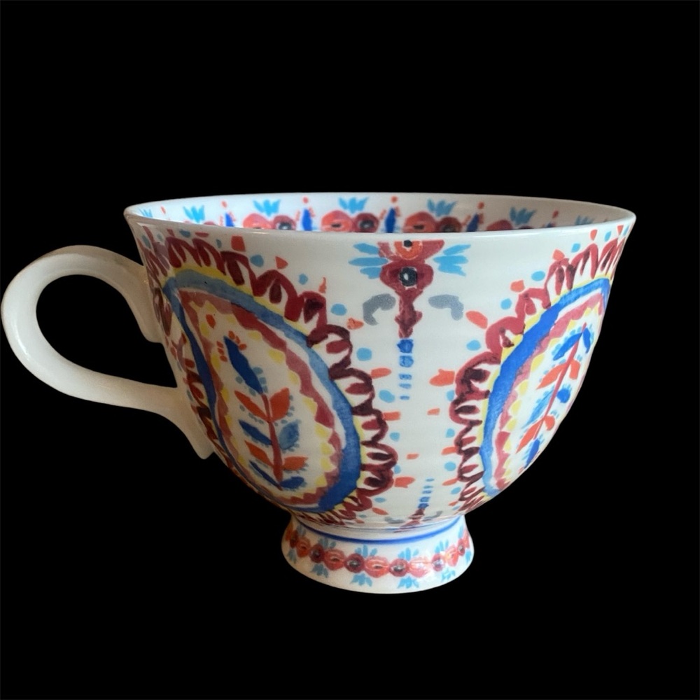 ANTHROPOLOGIE Paisley Mug Pedestal Blue Red Boho Style Blue Red
